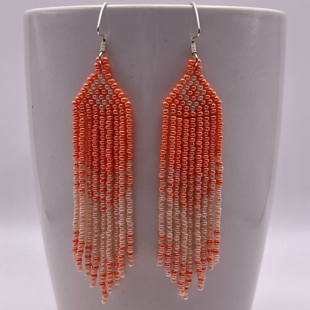 Seed Bead Fringe Dangle Earrings Orange Peach Glass Beads Beadwork Beaded Long